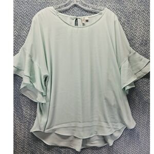 Cato EST. 1946 Mint Green Ruffle Bell Sleeve Blouse XL High Low Keyhole Back Top